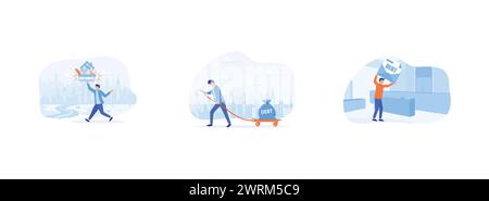 Businessman carrying heavy debt burden, Businessman sweating and pulling a cart with text Debt on it, Man in suit, businessman bears a debt on his bac Stock Vector