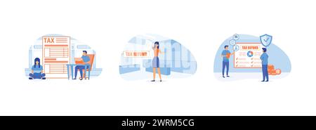 Online Refund, Tax refund document, Tax declaration approved Idea of accounting and payment. Tax refund set flat vector modern illustration Stock Vector