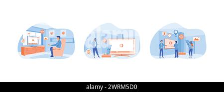 Smart TV. Tiny people watch video with remote control and television multimedia box. Smart tv technology. Smart TV set flat vector modern illustration Stock Vector