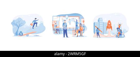 Businessman flying up and a bag full of money, A group of people are thinking over an idea, Young emerging company rocket launch into space. Business Stock Vector
