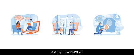 Online psychological. Psychotherapist appointment.Mental research and interview. Psychologist 2 set flat vector modern illustration Stock Vector
