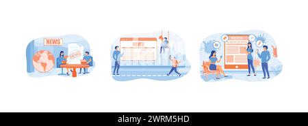 Online news. Online news mobile app. Online reading news. Online news set flat vector modern illustration Stock Vector
