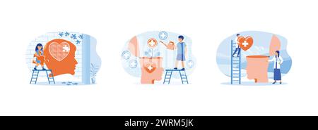 Mental health concept. World mental health day. Mental health medical treatment. Mental health set flat vector modern illustration Stock Vector