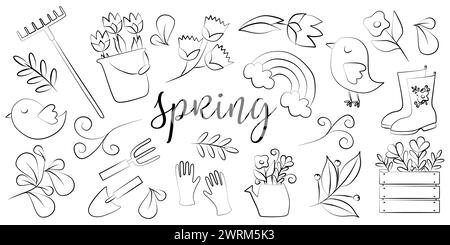 Big Linear Spring Set. Black and white collection of Design Elements for Gardening. Vector outline Illustration with Bird, flowers, Tools. Line art Co Stock Vector