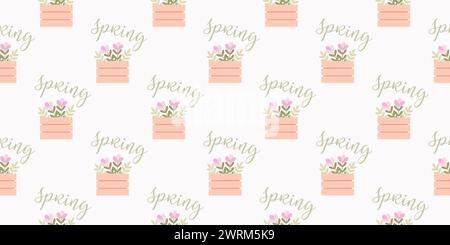Spring Gardening Seamless Vector Pattern. Flower Bouquet in Wooden Box and Hand Lettering Spring on White. Flat or Cartoon Floral Blooming Background Stock Vector