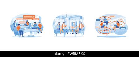 Group of People Discussing business. Meeting of colleagues. Discussing business, news. Discussing business set flat vector modern illustration Stock Vector
