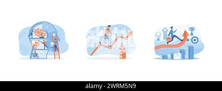 Self development. Growth of finance and success on work. Idea of personal growth and progress. Self development set flat vector modern illustration Stock Vector