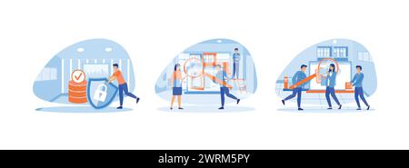 Man holding shield and server or hard disks, Searching files in database, using magnifying glass and searching files in electronic database. Database Stock Vector