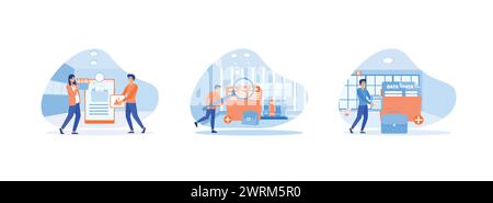 Database, searching info, storage and indexing of information, employee uses magnifying glass, Storage and indexing of information. Storage set flat v Stock Vector