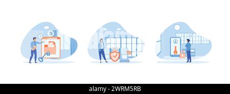 Characters using Security Services to Protect Personal Data, performs Cloud Shared Documents security, Server Security and Data Protection. Cyber secu Stock Vector