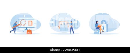 Businessman analyzing big data on graph using magnifying glass, Internet and business concept, Data protection, safety, encryption, protection, privac Stock Vector