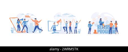 Business partnership strategy.Social media marketing.Friend sharing refer. Job referral set flat vector modern illustration Stock Vector