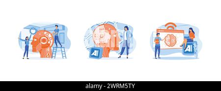 Machine Learning and Training. Artificial intelligence robot head. Robot heads inside artificial intelligence computer screen. Artificial intelligence Stock Vector