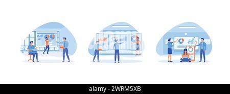 Office workers are studying the analysis of the evolutionary scale, diagrams of sales management , mobile website development. Data analysis set flat Stock Vector
