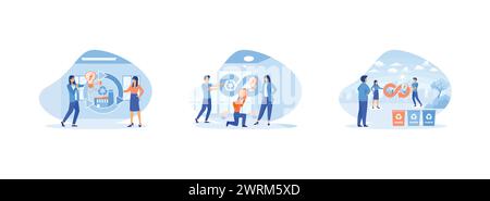 Circular economy. People recycle consumption waste and efficient energy management. Eco friendly energy production. Circular economy 2 set flat vector Stock Vector