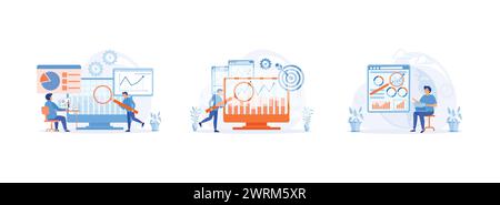 statistical and Data analysis for finance investment, of worker checking data analyst, data driven business, comprehensive strategy, new economic mode Stock Vector