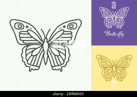 A butterfly is drawn in a series of three different colors. The butterfly is drawn in a very simple style, with no shading or details Stock Vector