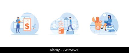 Investing money in self development. Personal financial management. Financial literacy. Financial literacy set flat vector modern illustration Stock Vector