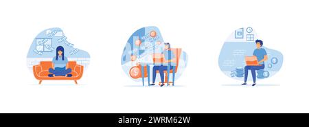 earning money from couch at home, Man working with computer making money from home, makes money online from freelance work. Earning money set flat vec Stock Vector