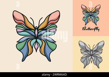 A butterfly with a rainbow pattern on its wings. The butterfly is surrounded by a yellow background. The butterfly is the main focus of the image Stock Vector