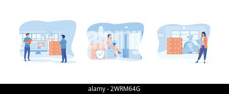 Cloud database. Cloud computing data center. Computing and file management. Cloud Computing 2 set flat vector modern illustration Stock Vector