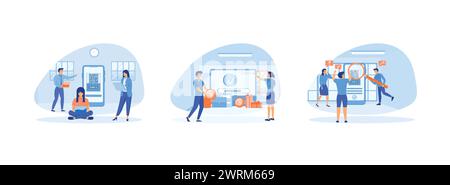 Online Payment. Online mobile payment and banking service.People scanning qr code for payment via smart phone. Online Payment 1 set flat vector modern Stock Vector