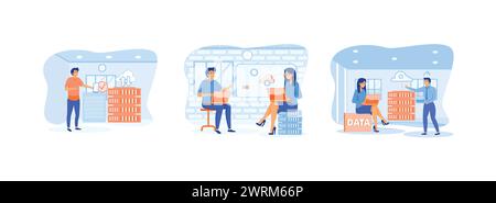 Cloud storage. Data storage and backup. Online database storage technology. Cloud Computing 2 set flat vector modern illustration Stock Vector