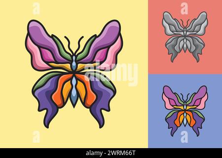 A butterfly with a rainbow colored body and wings. The butterfly is shown in three different colors. The butterfly is drawn in a stylized way, with a Stock Vector