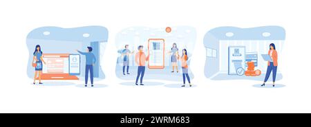 Online payment and wallet. People scanning code qr using mobile smart phone. Payment approved online. Online Payment 2 set flat vector modern illustra Stock Vector