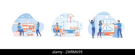 Team administrator. Business technology cloud computing service. Storing data on cloud server. Cloud computing 3 set flat vector modern illustration Stock Vector
