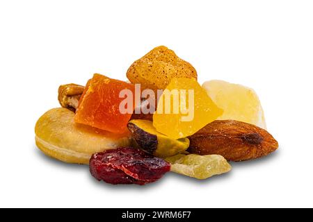 Closeup view pile of mix fruit and nuts isolated on white background with clipping path. Stock Photo