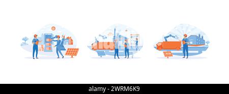 Smart industry.Smart Factories. Engineer working with interactive interface. Smart industry set flat vector modern illustration Stock Vector