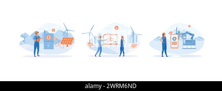 Intelligent intelligence technology in industrial factory. Smart industry. Wearing virtual reality headsets engineering with augmented reality. Smart Stock Vector