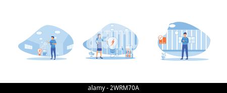 Energy consumption in the household. Woman using electric energy saving device. , Paying less and saving money. Energy consumption set flat vector mod Stock Vector