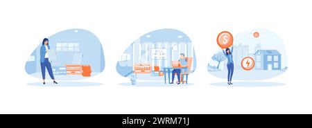 Home energy efficiency audit concept, Person checks heating meter and pays household utility bill on website. Energy efficiency set flat vector modern Stock Vector