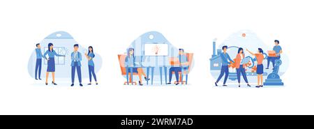 Business team finding solution, working together in the company, brainstorming, people finding new solutions. Brainstorming set flat vector modern ill Stock Vector