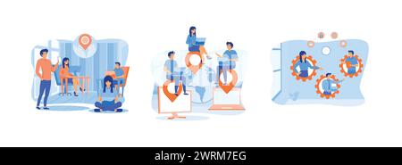Remote workers work together on project scene, Company development and strategy and business planning, The idea team work and project delegation. Outs Stock Vector