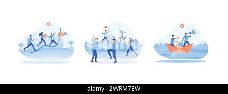Business people walking on rising graph line, Leadership and teamwork, Team leader shows the way, Businessman looking through a telescope by two busin Stock Vector