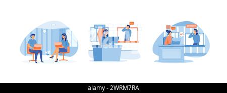 Man and woman with laptop communicates with client, online global technical support, customers and operators, Girl in headphones communicating with cl Stock Vector