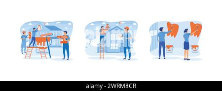 Home renovation workers. Workers repairing roof. Painting wall in new apartment. Home renovation set flat vector modern illustration Stock Vector