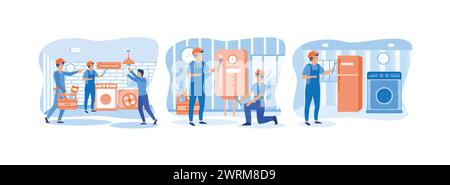 Servicemen repairing machines at home.Repairs broken water heater. Repair technician service with washing machine, refrigerator elements. Home repair Stock Vector