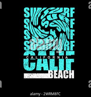 California beach typography swirl letter grunge distress surf poster black background vector illustration t shirt design vector graphics Stock Vector