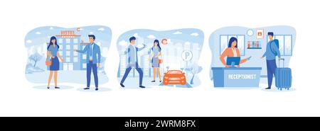 Isolated hotel services set, Hotel valet parking worker gets keys from client's car, Hotel reception workers provide information to people arriving. H Stock Vector