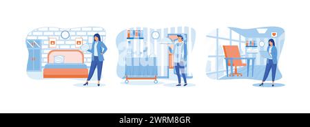 Hotel jobs. Hotel keeper in uniform cleaning rooms and delivering food.Hotel room service woman jobs, hotel management. Hotel jobs set flat vector mod Stock Vector