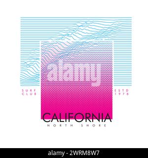 Summer Graphic California North Shore surf club typography gradient Dot Wave outline White Background  T shirt graphic Print Design Vector Poster Stock Vector