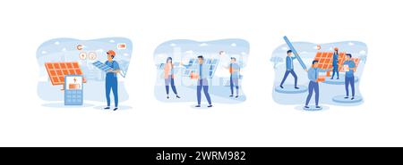 Solar energy panel system. Installation of solar modules.Field service technicians. Solar energy panels set flat vector modern illustration Stock Vector