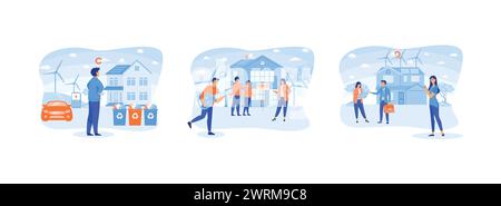 Renewable energy. Eco House. Ecology of Green Energy. Eco house set flat vector modern illustration Stock Vector