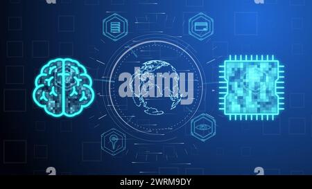 Cg tech collage. A digital human brain and an AI between which rays of information move against the backdrop of a world map on a blue background. The Stock Photo