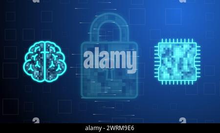 Cg tech collage. A digital human brain and an AI chip between which rays of information move against the backdrop of a castle on a blue background. Th Stock Photo