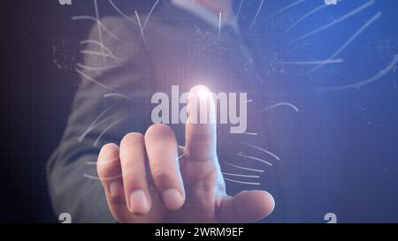 Cg tech collage. A businessman touches with his finger a point of light from which rays diverge. The concept of the emergence of AI. New business idea Stock Photo